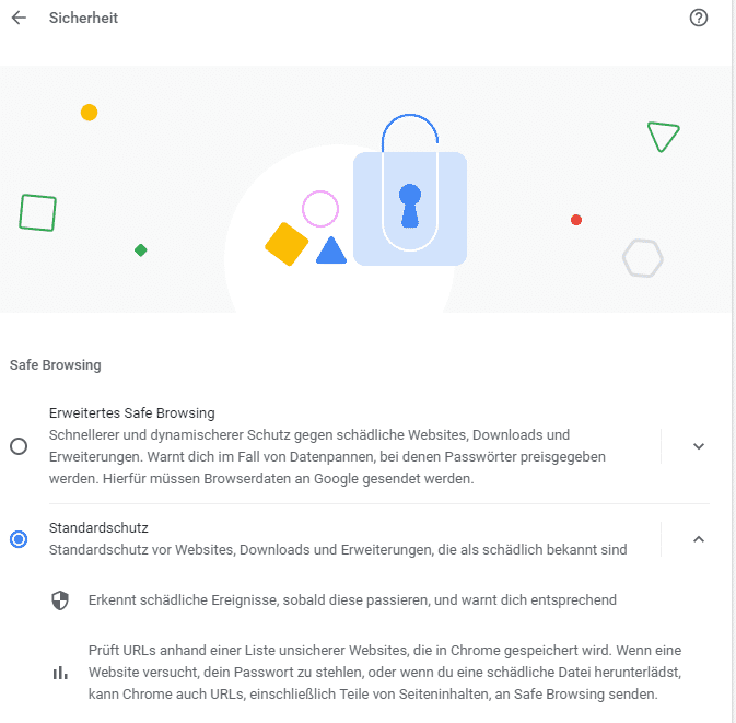 Captura de tela das opções de navegação segura do Chrome
