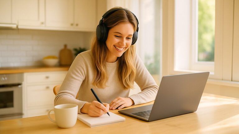 Como Criar seu Próprio Podcast a Partir de Qualquer Texto 13 nextpit Frau mit Notizblock am Laptop w1400h788